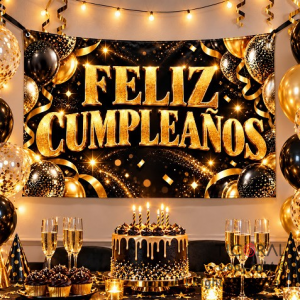 BANNER FELIZ CUMPLEA�OS NEGRO Y ORO 1,80 X 1,20 MTS